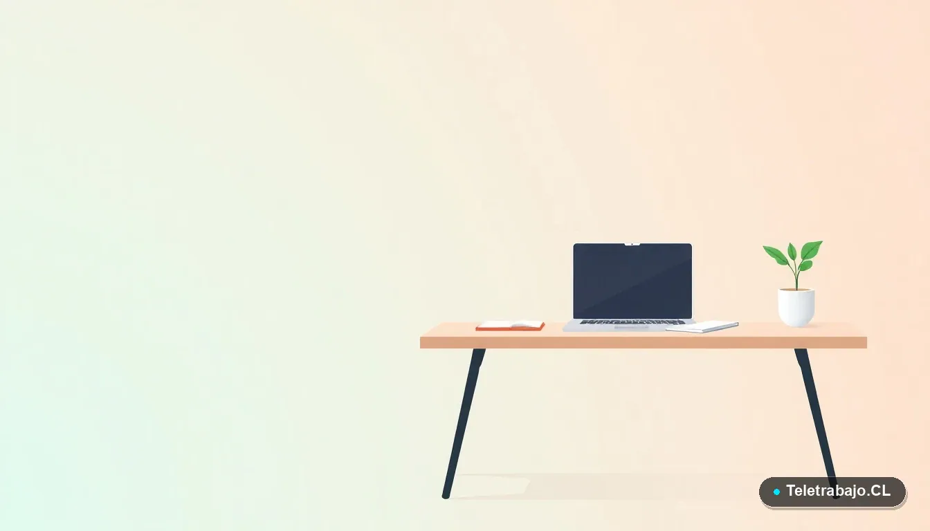 Escritorio moderno minimalista con laptop y planta, ilustración vectorial plana sobre fondo degradado verde menta, representando gestión laboral digital.