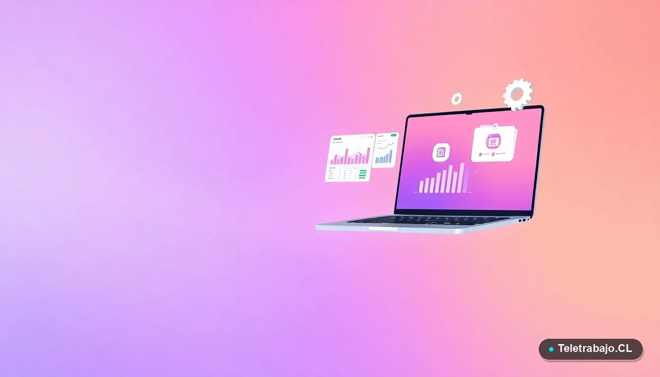 Ilustración vectorial abstracta de interfaz tecnológica con gráficos de Excel, un engranaje y una carpeta flotando sobre un fondo degradado lavanda y durazno. Representa automatización y eficiencia.