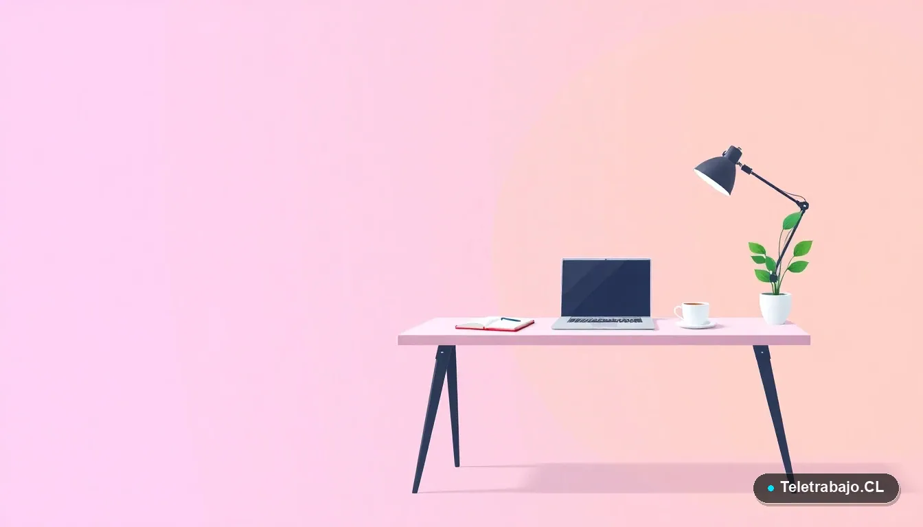 Escritorio moderno vacío con laptop, cuaderno, taza de café y planta, sobre fondo degradado lavanda y durazno. Representa el espacio de trabajo y la productividad para la capacitación financiada por SENCE.