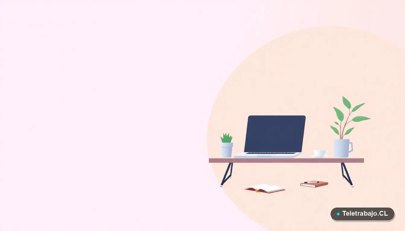 Escritorio moderno minimalista con laptop y café, ilustración plana estilo startup, sobre fondo degradado lavanda, para artículo de negociación laboral.
