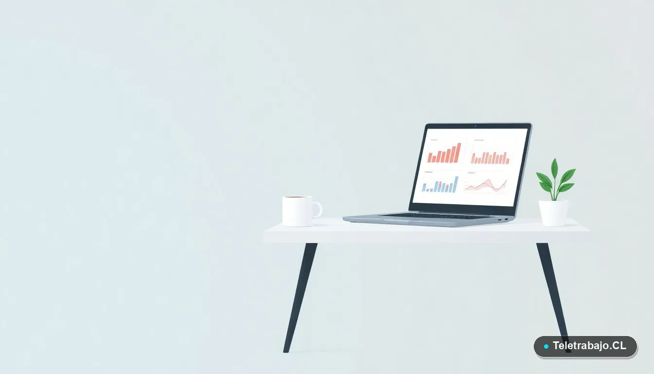 Escritorio moderno minimalista con laptop, gráficos abstractos, taza de café y una planta suculenta, sobre fondo degradado frío, concepto de teletrabajo.