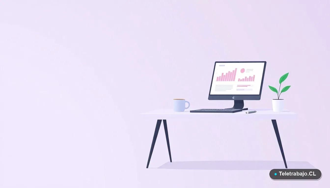 Escritorio moderno minimalista con laptop mostrando gráficos, una planta y una taza de café, sobre fondo degradado lavanda. Ilustración vectorial plana estilo corporativo.