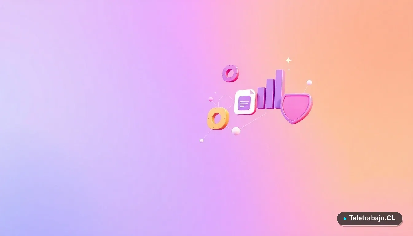 Iconos abstractos de interfaz de usuario: gráfico, engranaje, carpeta y escudo, en colores lavanda y durazno, representando la gestión y protección del Seguro de Cesantía en Chile.